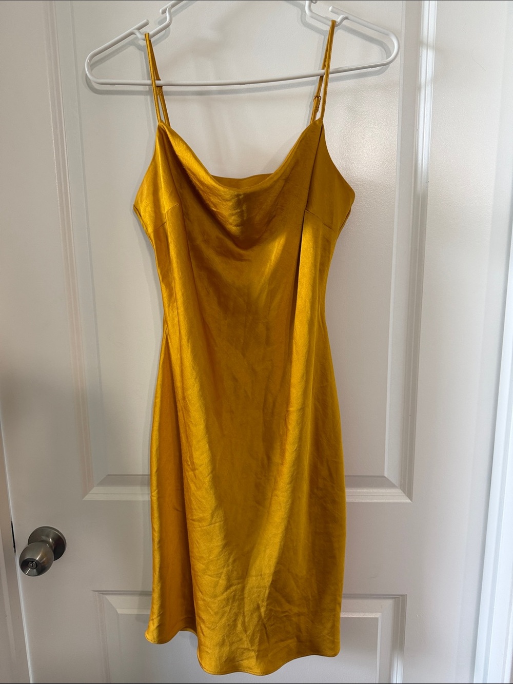 Express Satin Cowl Midi Dress in Mustard Yellow
